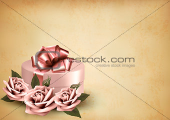 Retro holiday background with pink roses and gift box. Vector 