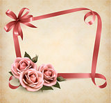 Retro holiday background with pink roses and ribbons. Vector ill