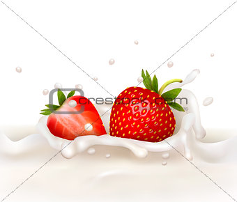Red strawberry fruits falling into the milky splash. Vector illu