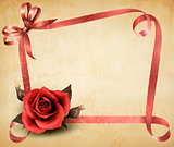 Retro holiday background with red rose and ribbons. Vector illus