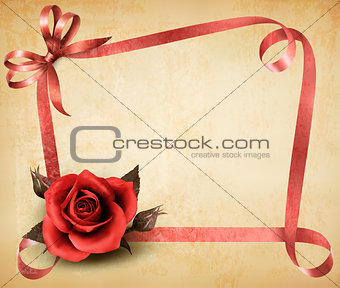 Retro holiday background with red rose and ribbons. Vector illus