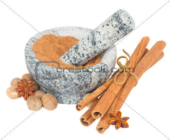 mortar with powdered nutmeg and spices