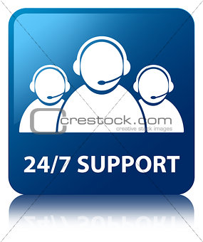 24/7 support team glossy blue reflected square button