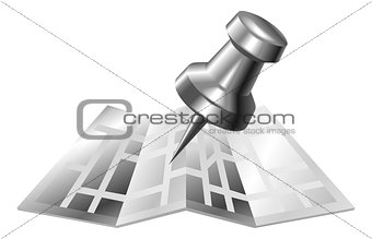Illustration of shiny metal steel map and pin icon