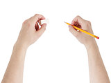 adult man hands with pencil and eraser