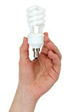 Hand holding compact spiral-shaped fluorescent lamp