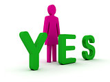 Female figure standing near to an yes icon.