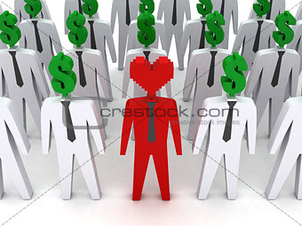 Many peoples with dollar-shaped head and one with heart-shaped head.