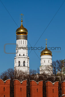 Ivan the Great Bell Tower behind Kremlin Wall, Moscow, Russia
