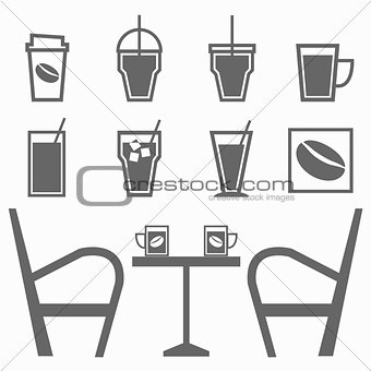 Set of drinks in coffee shop on white background