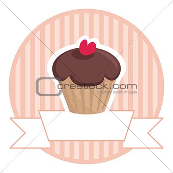 Sweet vector retro chocolate and toffee muffin cupcake with red heart and pink strips vintage background with white place for your own text