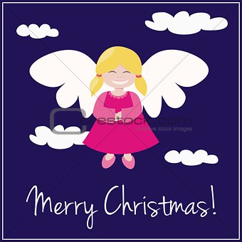 Vector card with Merry Christmas wishes and sweet smiling angel flying in the sky.