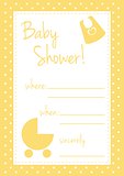 Vector baby shower card or invitation. Unisex, yellow illustration with polka dots and white background place