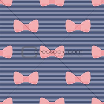 Seamless vector pattern with pastel pink bows on a navy blue strips background