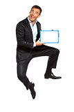 one business man jumping holding showing whiteboard