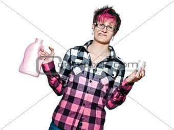 Unhappy woman with detergent
