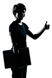 one young teenager boy girl silhouette holding carrying laptop c