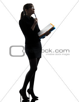 business woman  thinking holding folders files silhouette