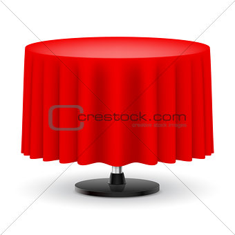 Round table with red cloth.