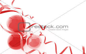 Three red christmas baubles in an environment of ribbons