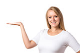 Laughing blond woman holding the palm of the right hand up
