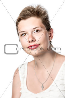 Pretty young woman on white background
