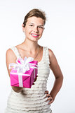 Young brunette girl with gift