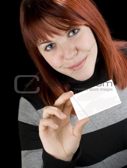 Successful girl holding a black business card