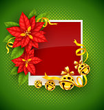 Christmas greeting card with poinsettia flowers and gold jingle bells