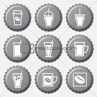 Coffee cup icon on bottle caps set