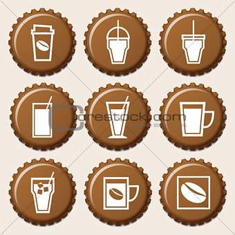 Set of coffee cup icon on bottle caps