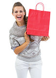 Smiling young woman in sweater showing christmas shopping bag