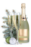 Champagne glasses, bottle, baubles and fir tree