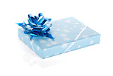 Blue christmas gift box with ribbon and bow
