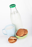 Cup, bottle of milk and bowl with cookies