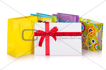 Colored gift bags, box and letter