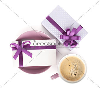 Violet coffee cup, gift box and love letter
