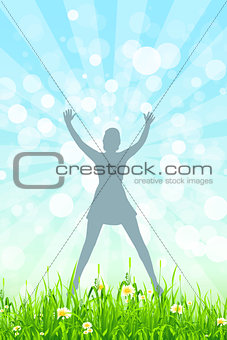 Nature Background with Girl Silhouette in Jump