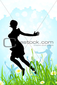 Nature Background with Girl Silhouette in Jump