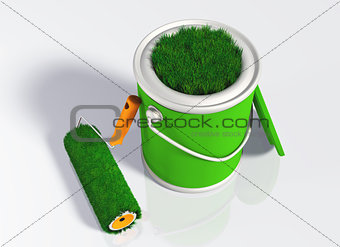 paint roller and a grassy colored pot