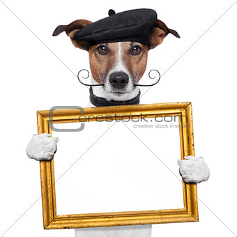 painter artist frame holding dog 