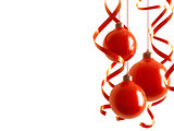 red christmas balls in an environment of ribbons on a white background