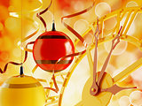 Christmas ornaments and clock as a bright red and yellow background