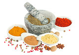 mortar and plates of spices