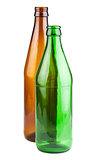 Two empty green and brown beer bottles