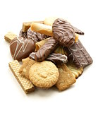 Assorted cookies with chocolate and nuts on  white background