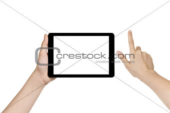 female teen hand holding generic tablet