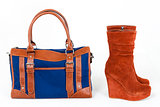 fashionable platform brown shoes with a denim handbag