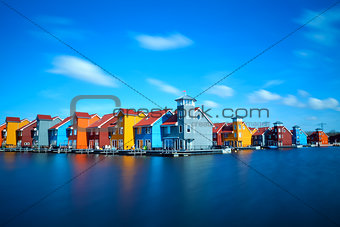 colorful buildings at Reitdiephaven on water in Groningen
