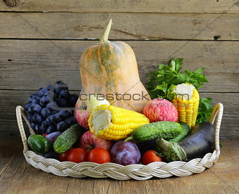 fall farm harvest - pumpkins, corn, apples, cucumbers, tomatoes